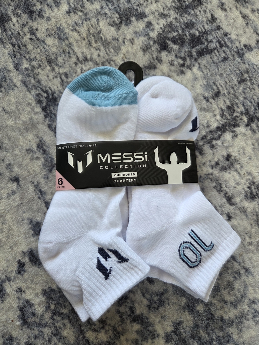MESSi Men's Cushioned White Athletic Quarter Socks with Light Blue Accents